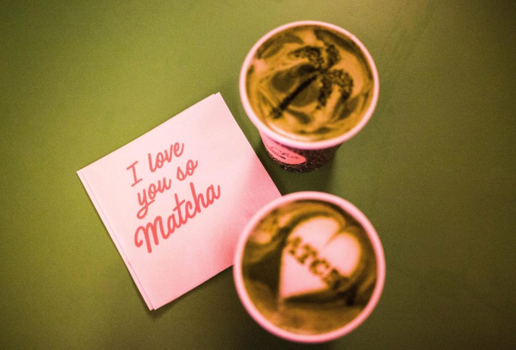 Picture of coffee and 'I love you so matcha' sign