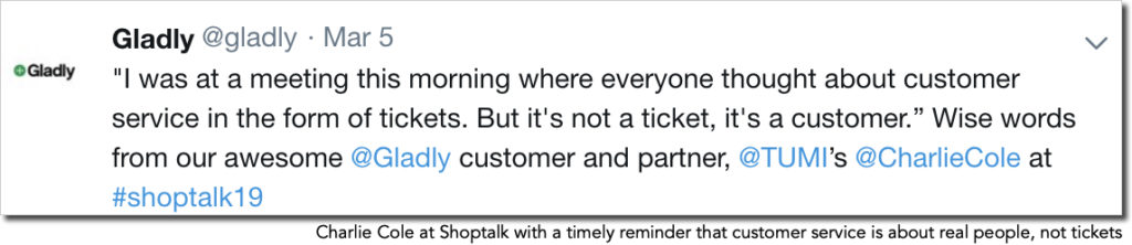 Image of Tweet of a quote from Charlie Cole, TUMI, about how customer service is about people, not tickets