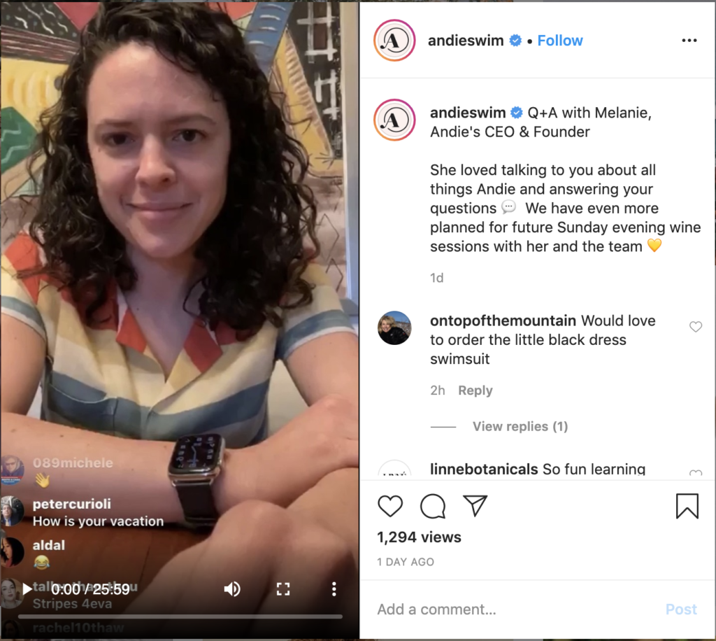 Andie CEO Melanie Travis in her very first Instagram Live video, answering viewers questions and sharing how she's coping through the crisis