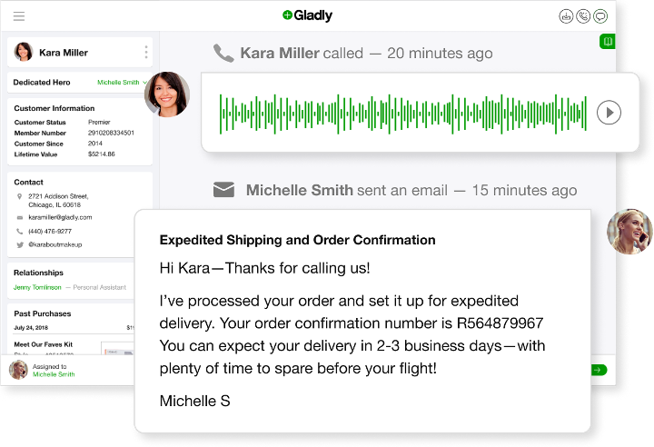 With Gladly, customer conversations, regardless of the channel it takes place over, is consolidated into a single thread, instead of multiple tickets.