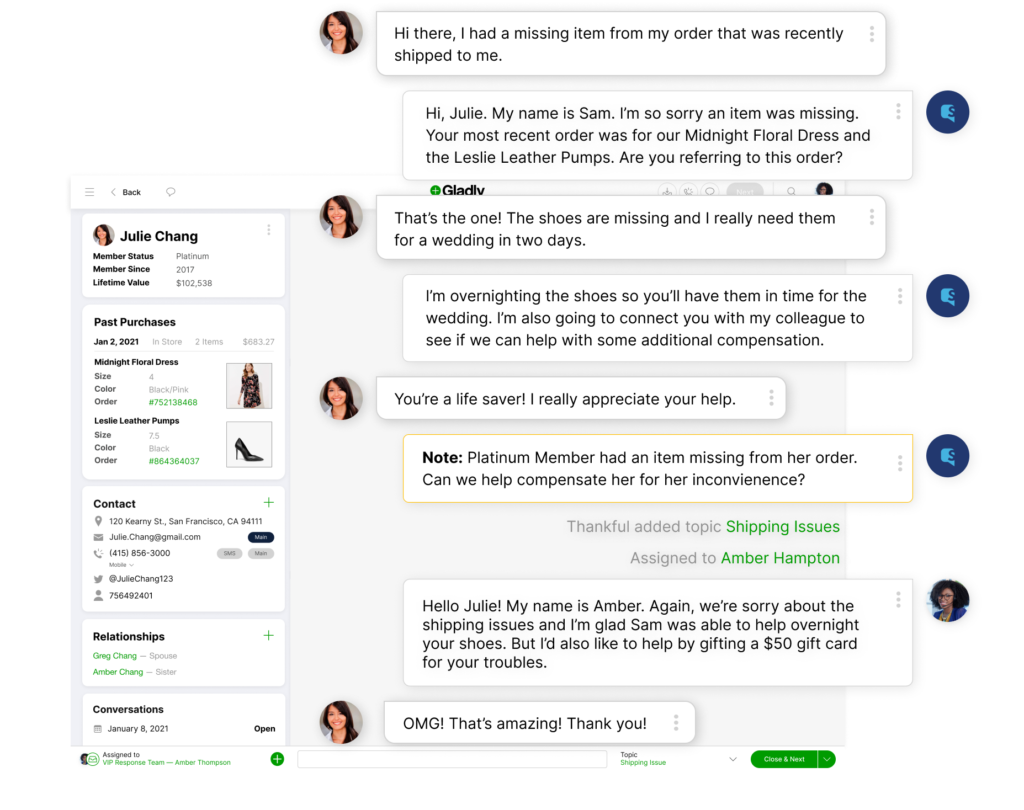 Gladly allows agents to quickly pick up conversations in context by giving them everything about the customer in a single view.
