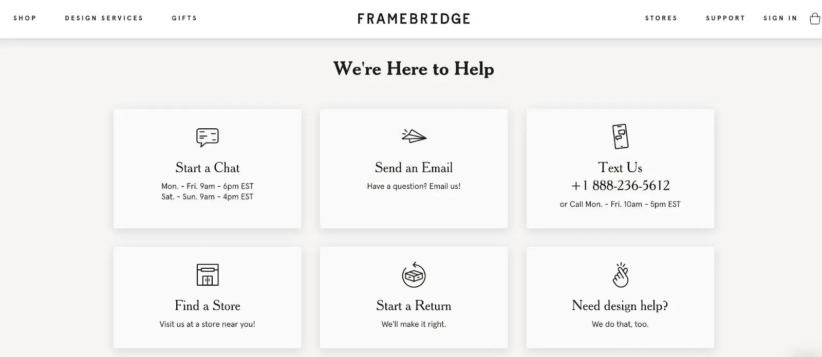 Framebridge's help center is detailed, easily scannable, and straightforward.
