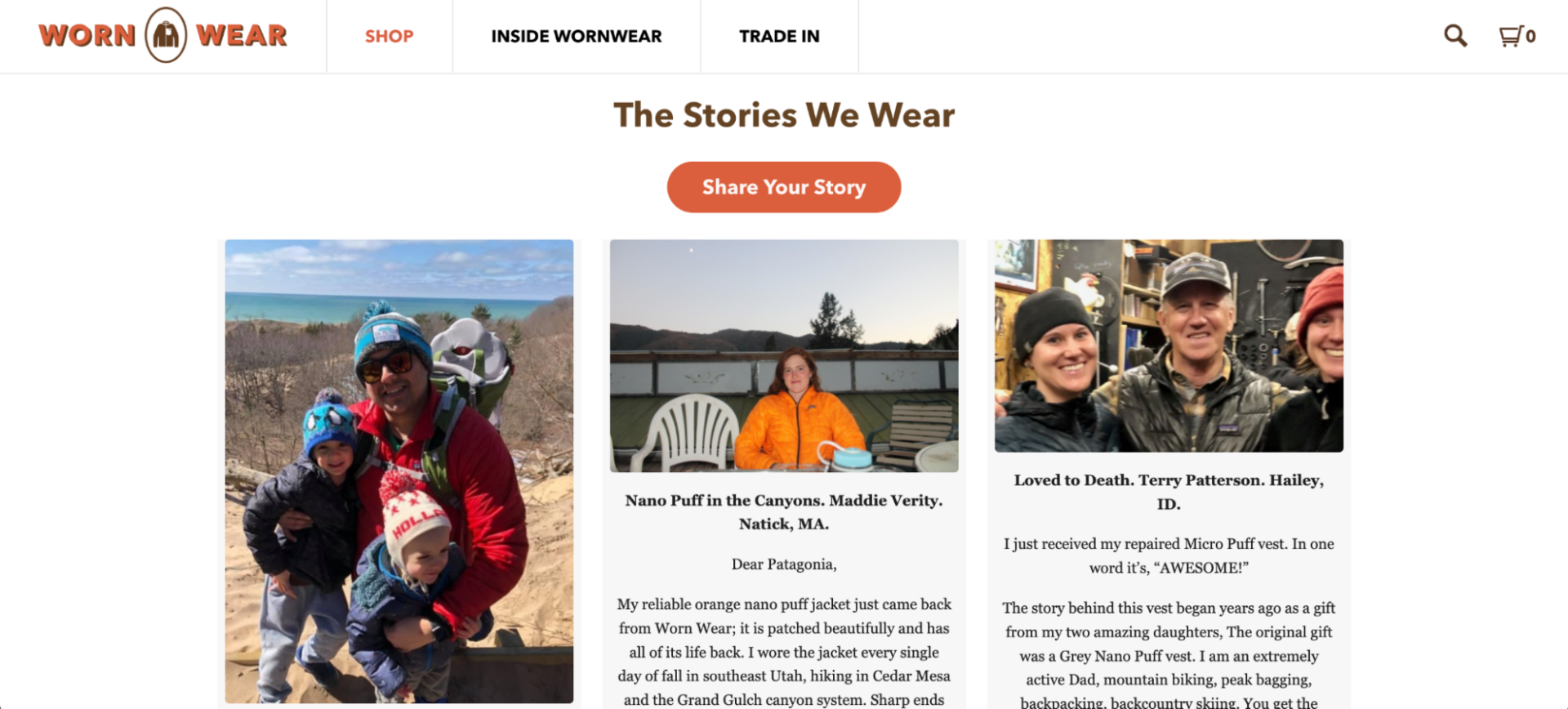 Patagonia is known for their product quality and durability. To reinforce their sustainability mission, the brand has a designated hub where they share stories from customers.