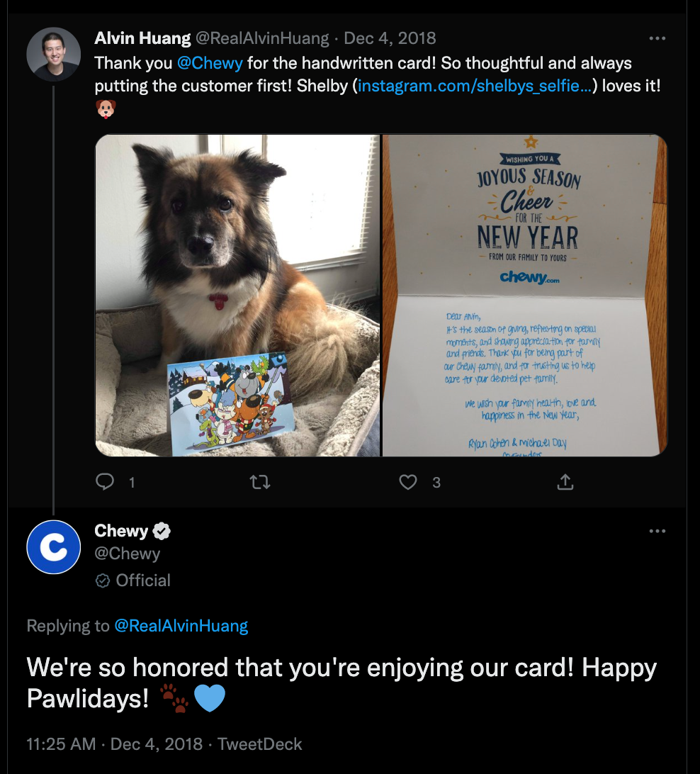 An example of customer appreciation done right by Chewy via Twitter